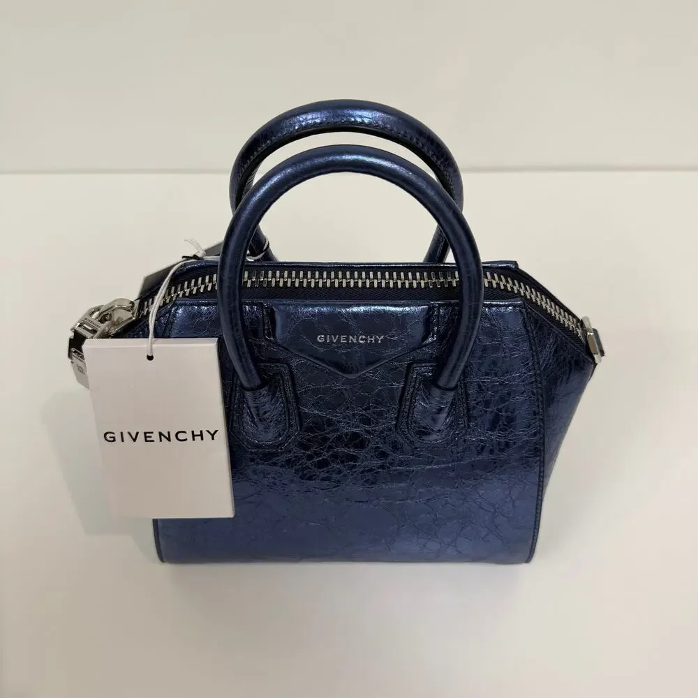 Givenchy Antigona Mini Blue Leather Top Handle Handbag Metallic Crossbody Bag